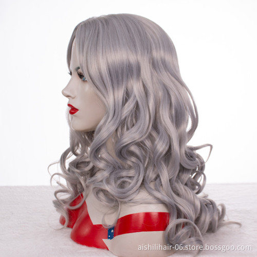 Wholesale heat resistant long  silvery with gray color  water wave wig  synthetic hair wig for women